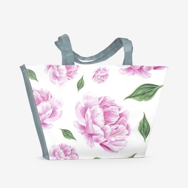 Пляжная сумка «Цветы пионы с листьями на белом»