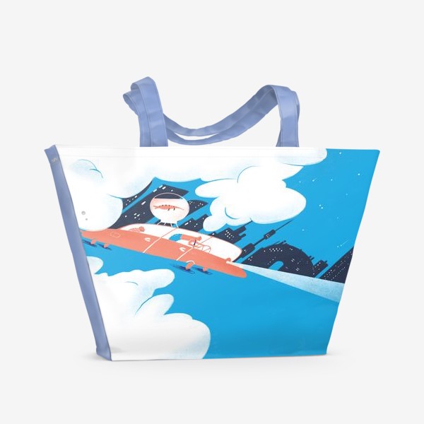 Пляжная сумка «Яркая детская иллюстрация. Машина едет по ночному городу, облака.»
