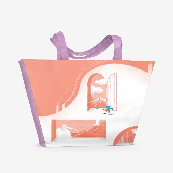 Пляжная сумка «Яркая детская современная иллюстрация. Ребенка принес аист в форточку»