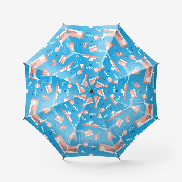 Зонт «Графический яркий современный детский паттерн. Люди, машины, животные. Розовый и голубой»