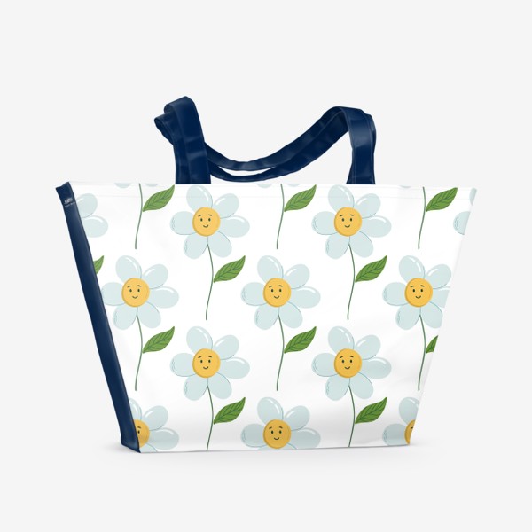 Пляжная сумка «Ромашки. Узор с полевыми цветами на белом фоне»