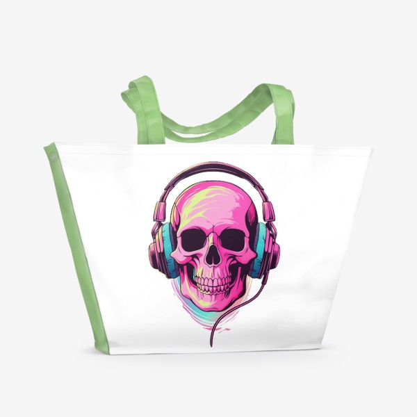 Пляжная сумка «Смертельные мелодии. Розовый череп в наушниках.»