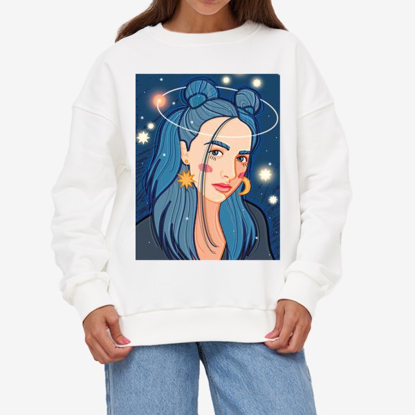 Свитшот «Девушка с синими волосами на фоне космического пейзажа»