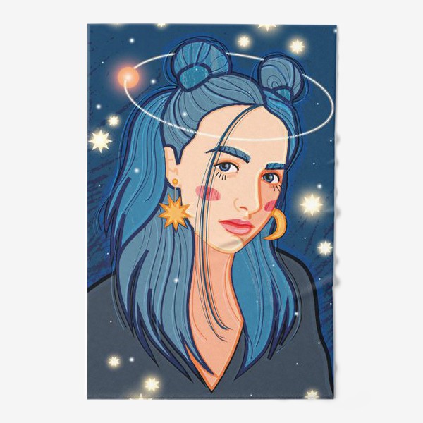 Полотенце «Девушка с синими волосами на фоне космического пейзажа»
