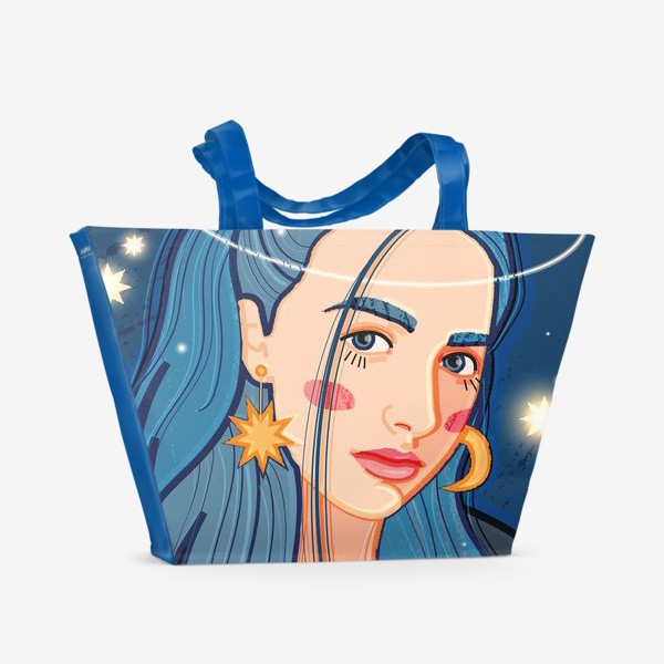 Пляжная сумка «Девушка с синими волосами на фоне космического пейзажа»