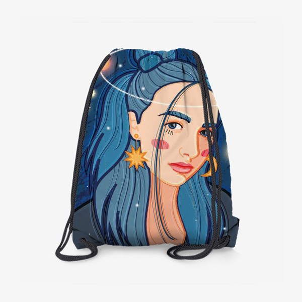 Рюкзак «Девушка с синими волосами на фоне космического пейзажа»