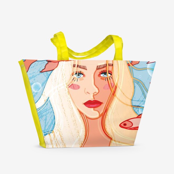Пляжная сумка «светловолосая девушка в образе русалки в окружении рыбок»