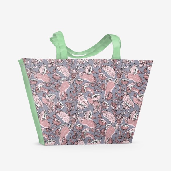 Пляжная сумка «Цветочный принт с пионами и листьями»
