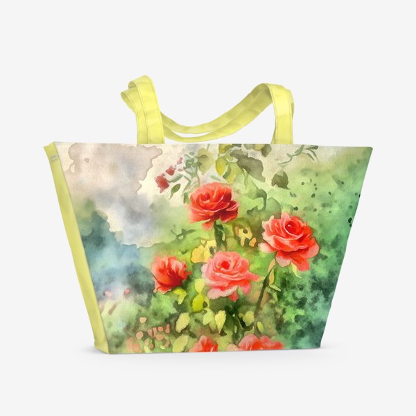 Пляжная сумка «Куст красных роз акварель»