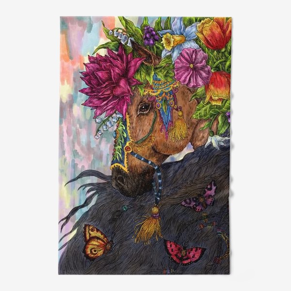 Полотенце «Гнедая лошадь и цветы»