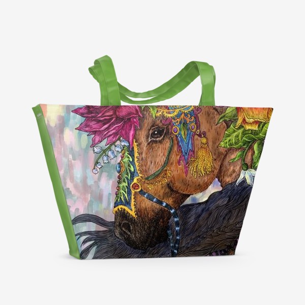 Пляжная сумка «Гнедая лошадь и цветы»