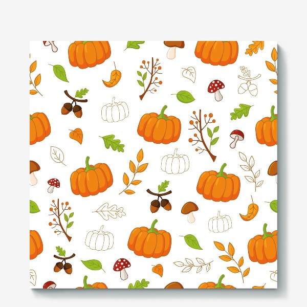 Холст «Осенний паттерн с тыквами, листьями, грибами и желудями»