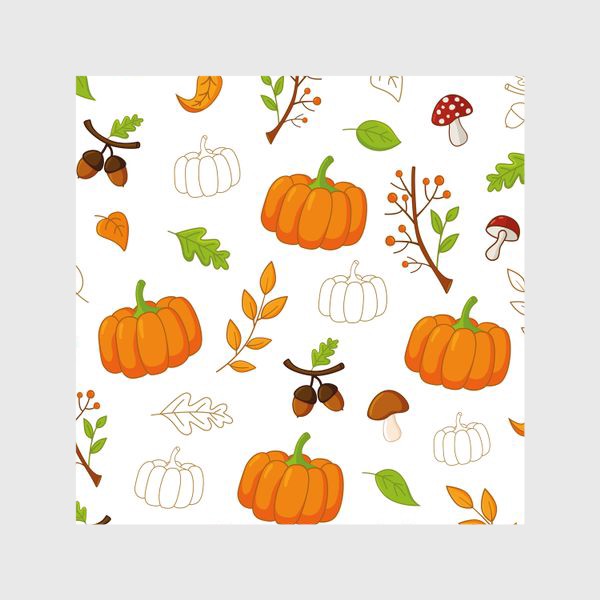 Шторы «Осенний паттерн с тыквами, листьями, грибами и желудями»