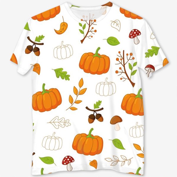 Футболка с полной запечаткой «Осенний паттерн с тыквами, листьями, грибами и желудями»
