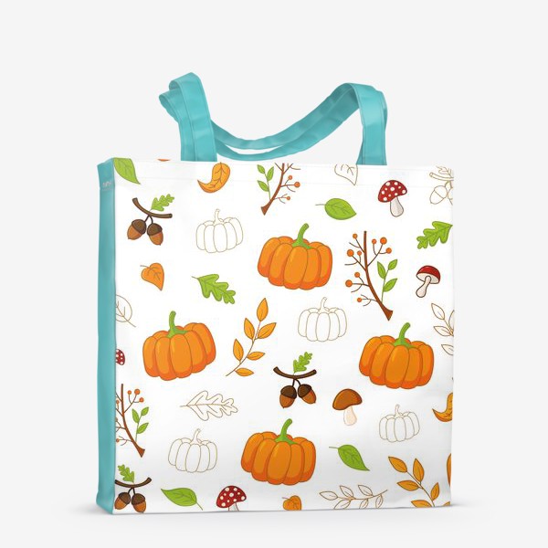 Сумка-шоппер «Осенний паттерн с тыквами, листьями, грибами и желудями»
