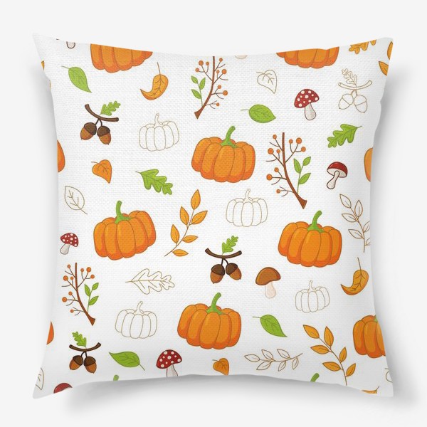 Подушка «Осенний паттерн с тыквами, листьями, грибами и желудями»
