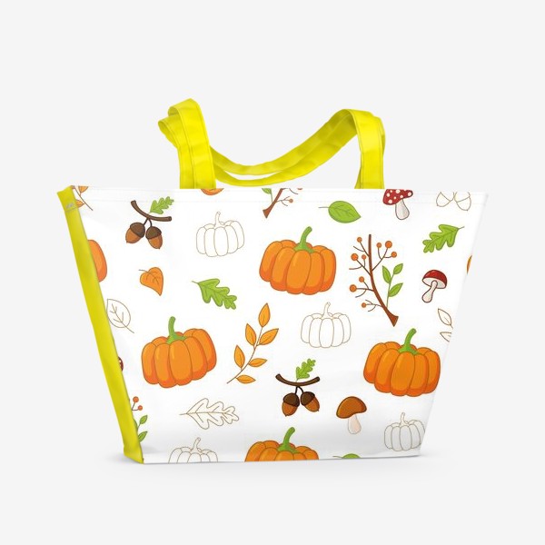 Пляжная сумка «Осенний паттерн с тыквами, листьями, грибами и желудями»