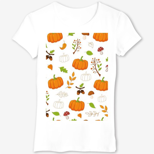 Футболка «Осенний паттерн с тыквами, листьями, грибами и желудями»