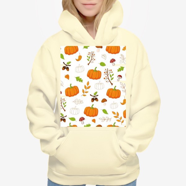 Худи «Осенний паттерн с тыквами, листьями, грибами и желудями»