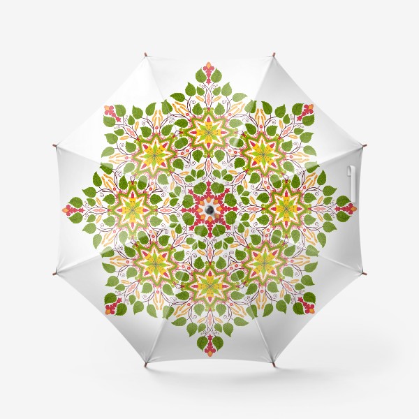Зонт «Ветви березы. Ромб. Зеленые листья, сережки и элементы росписи»