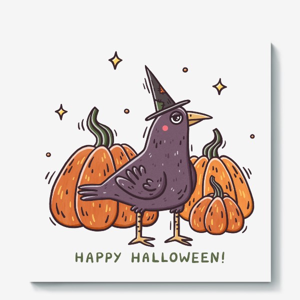 Холст «Милый ворон в шляпе. Тыквы. Хэллоуин. Магия. Happy Halloween»