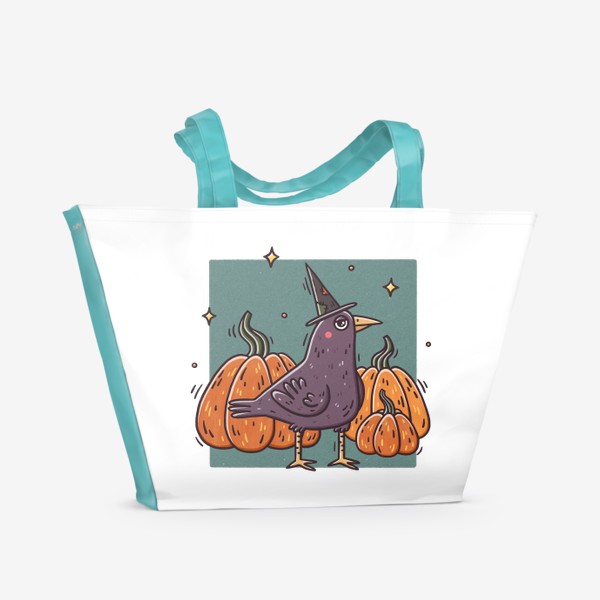 Пляжная сумка «Милый ворон в шляпе. Тыквы. Хэллоуин. Магия»