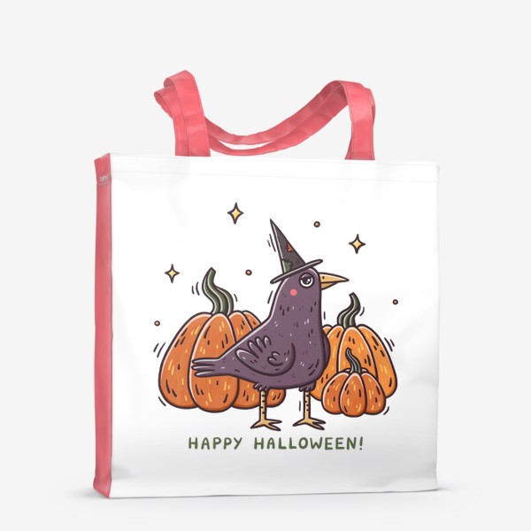 Сумка-шоппер «Милый ворон в шляпе. Тыквы. Хэллоуин. Магия. Happy Halloween»