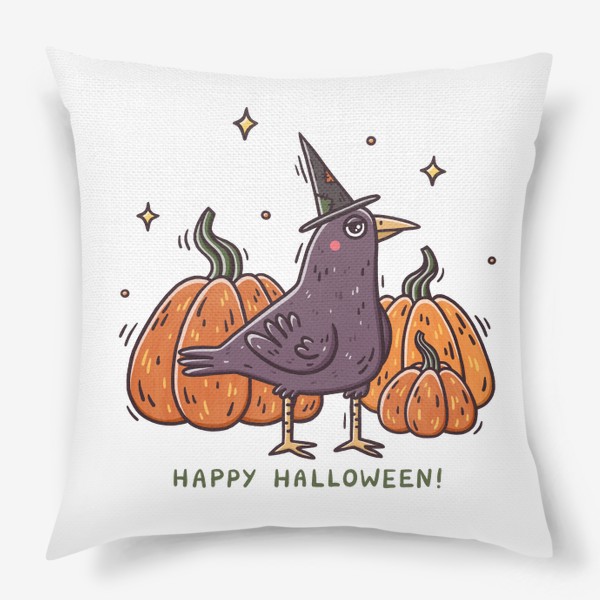 Подушка «Милый ворон в шляпе. Тыквы. Хэллоуин. Магия. Happy Halloween»