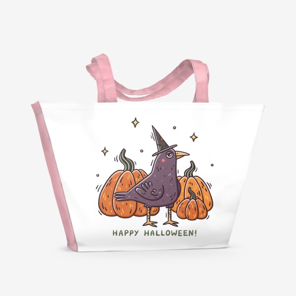 Пляжная сумка «Милый ворон в шляпе. Тыквы. Хэллоуин. Магия. Happy Halloween»