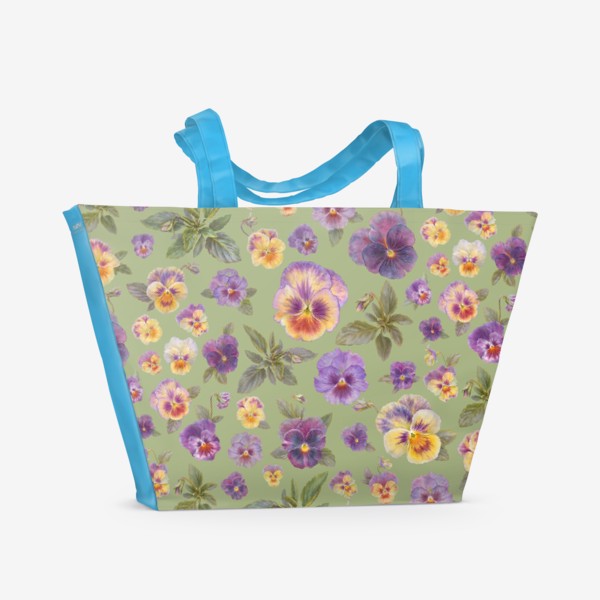 Пляжная сумка «Анютины глазки фиолетово-желтые на оливковом  фоне»