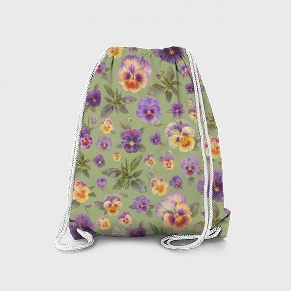 Рюкзак «Анютины глазки фиолетово-желтые на оливковом  фоне»