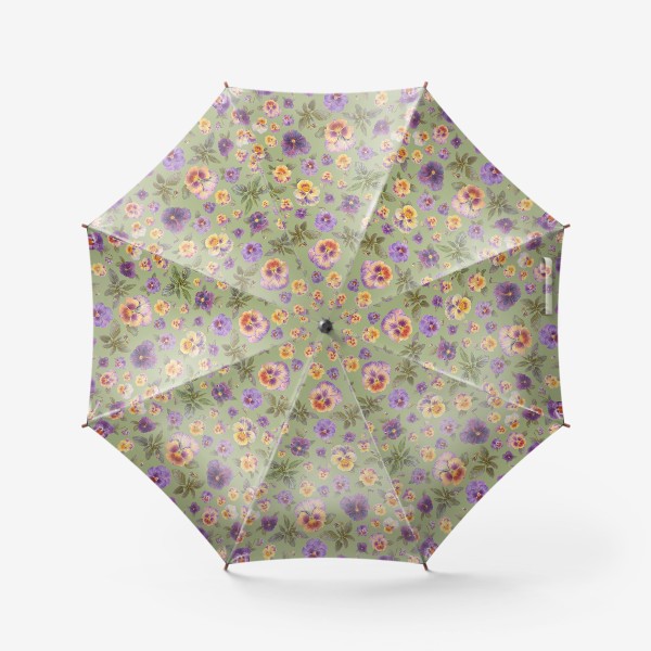 Зонт «Анютины глазки фиолетово-желтые на оливковом  фоне»