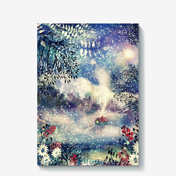 Холст «Зима, атмосферный детальный акварельный пейзаж с домиком, красивая синяя/фиолетовая иллюстрация из серии времена года»