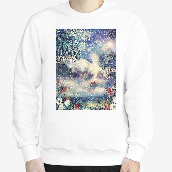 Свитшот «Зима, атмосферный детальный акварельный пейзаж с домиком, красивая синяя/фиолетовая иллюстрация из серии времена года»
