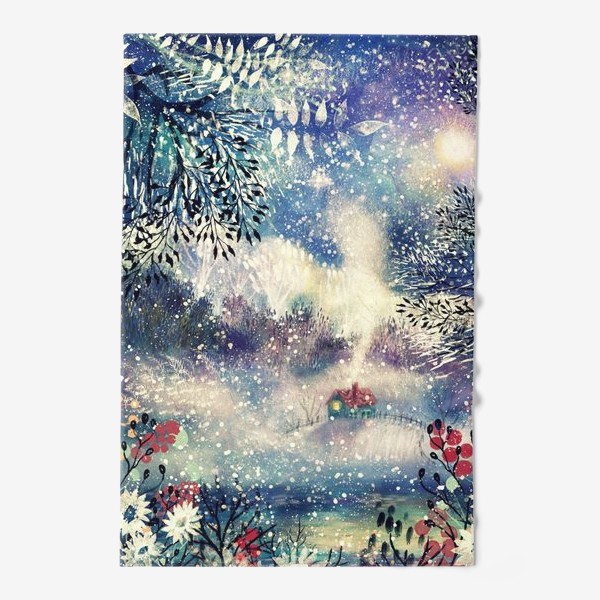 Полотенце «Зима, атмосферный детальный акварельный пейзаж с домиком, красивая синяя/фиолетовая иллюстрация из серии времена года»