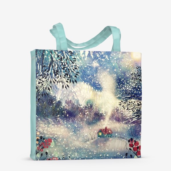 Сумка-шоппер «Зима, атмосферный детальный акварельный пейзаж с домиком, красивая синяя/фиолетовая иллюстрация из серии времена года»