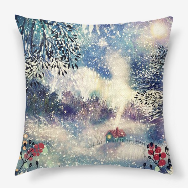 Подушка «Зима, атмосферный детальный акварельный пейзаж с домиком, красивая синяя/фиолетовая иллюстрация из серии времена года»