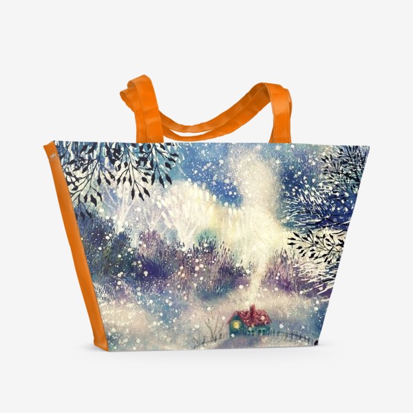 Пляжная сумка &laquo;Зима, атмосферный детальный акварельный пейзаж с домиком, красивая синяя/фиолетовая иллюстрация из серии времена года&raquo;