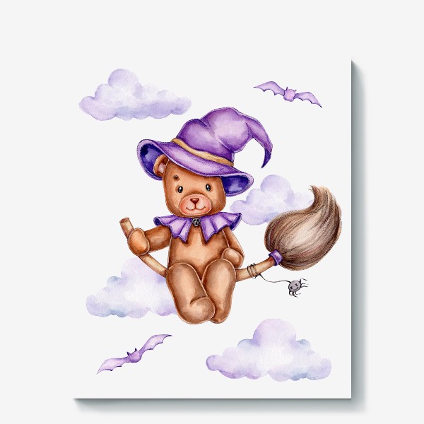Холст «Мишка в фиолетовой шляпе летит на метле на Хэллоуин :)»