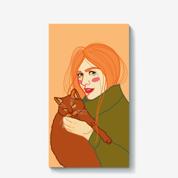 Холст «ражая девушка с котом»