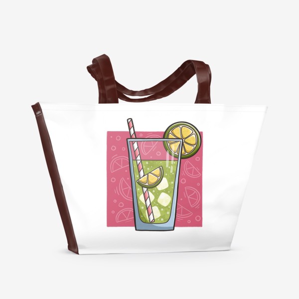 Пляжная сумка «Лимонад с лаймом на розовом фоне. Мохито»