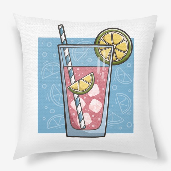 Подушка «Лимонад с клубникой и лаймом на голубом фоне»