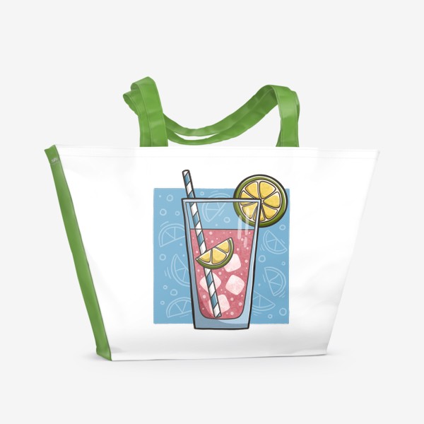 Пляжная сумка «Лимонад с клубникой и лаймом на голубом фоне»