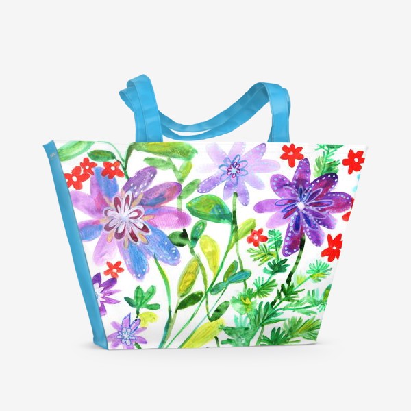 Пляжная сумка «Фиолетовые и красные цветы. Акварельная живопись полевые цветы. Цветочная поляна акварелью. Луговые цветы акварель»