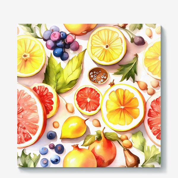 Холст «Различные фрукты и ягоды акварелью»