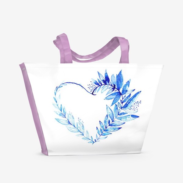 Пляжная сумка «Сердце. Голубая веточка с листочками и ягодами.»
