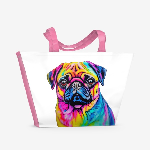 Пляжная сумка «мопс собака разноцветный принт»