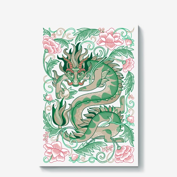 Холст «Зеленый китайский Дракон среди цветов. Символ 2024»