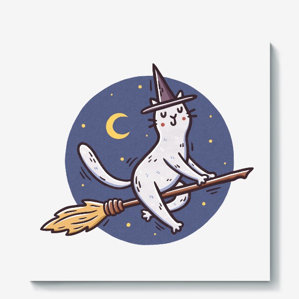 Холст «Белая кошка на метле. Ведьма. Хэллоуин. Круг»