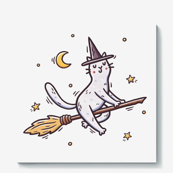 Холст «Белая кошка на метле. Ведьма. Хэллоуин. Звезды»